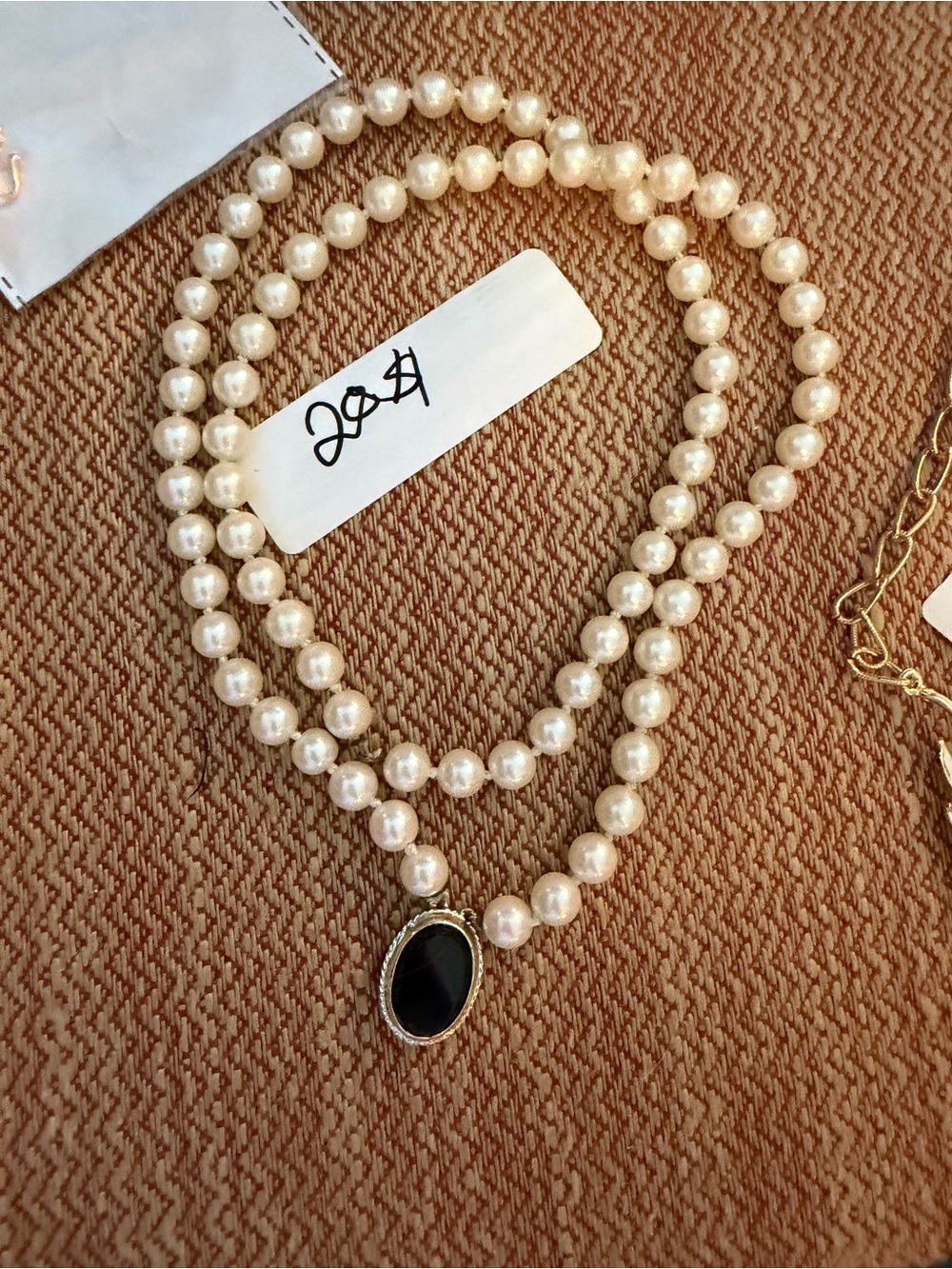 Double Strand Ivory Pearl Necklace with Black Pendant - Unbranded